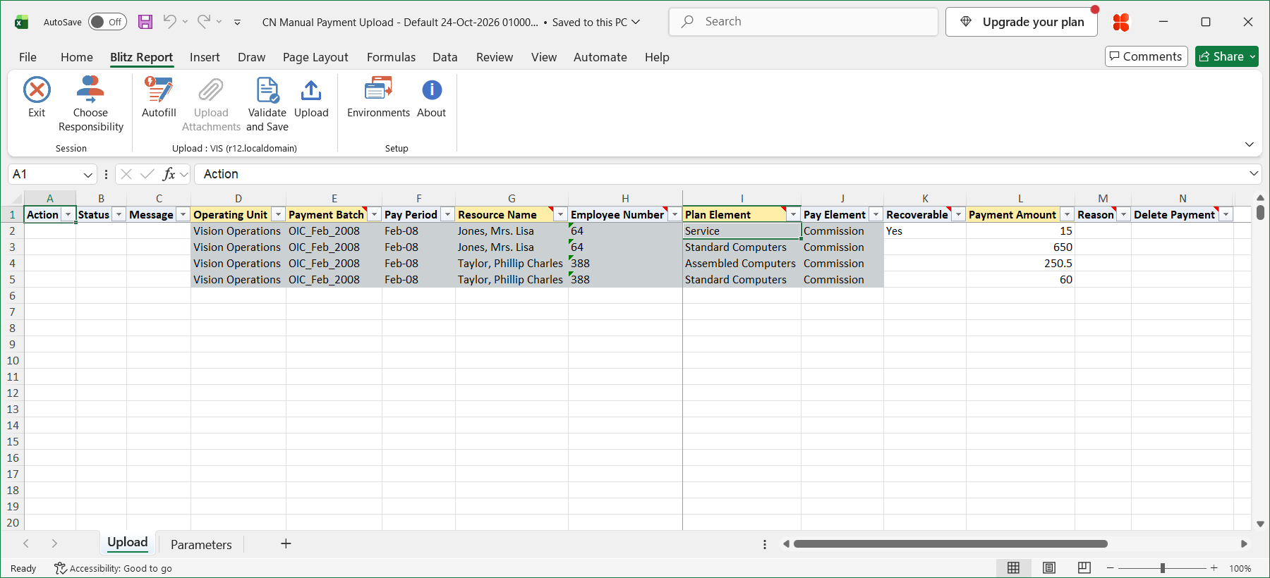 CN Manual Payment Upload downloaded Excel file with the Blitz Report add-in