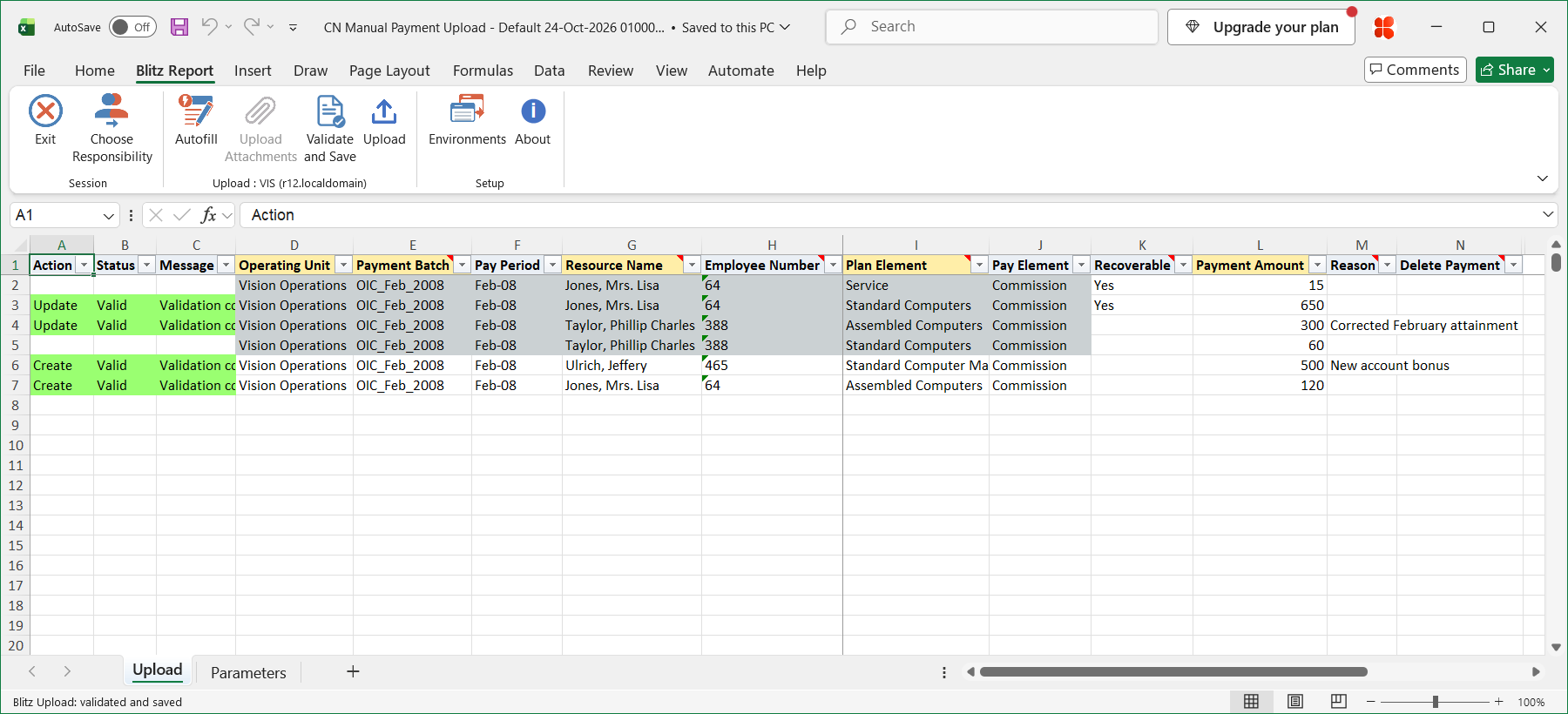 CN Manual Payment Upload rows marked Valid after Validate and Save