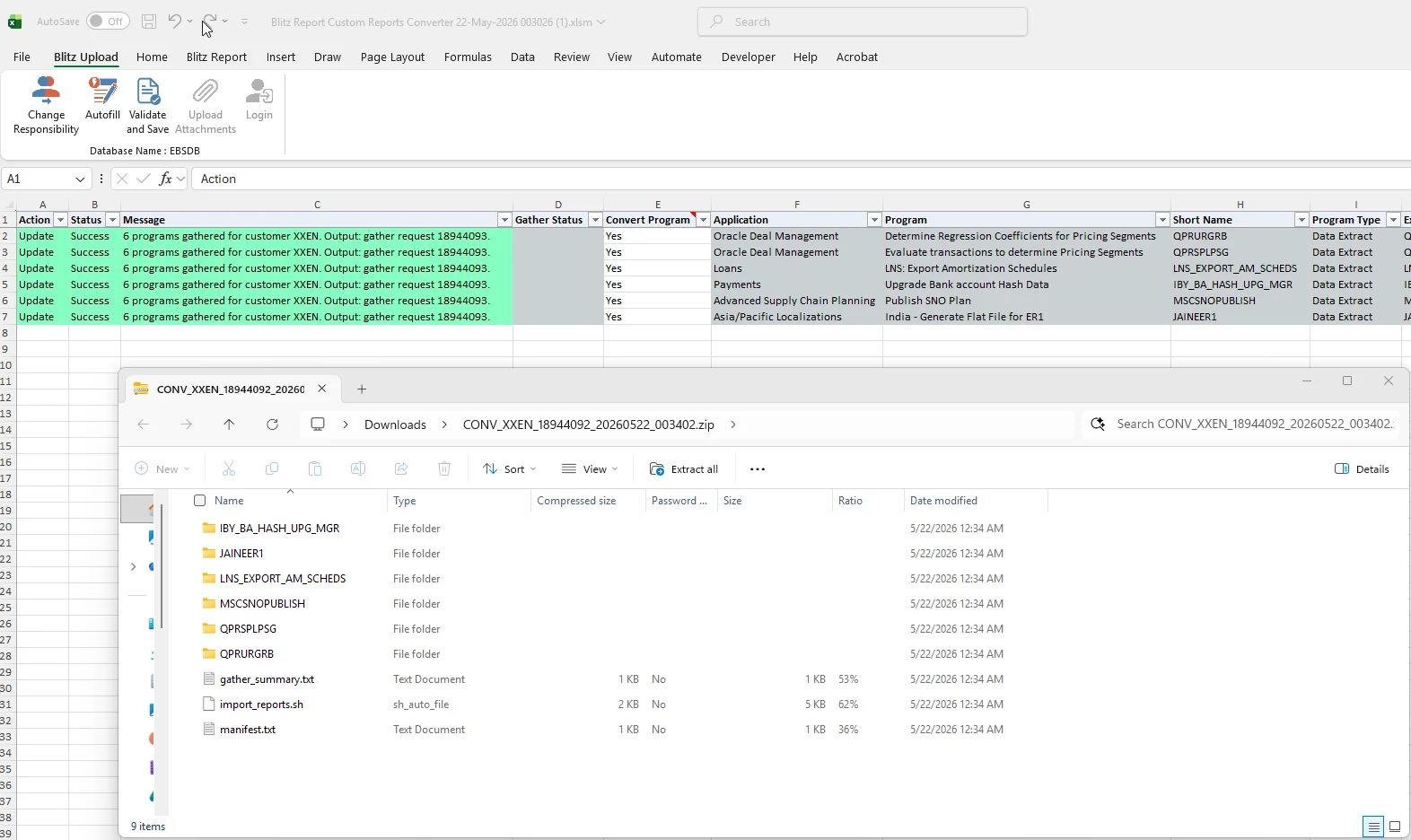 Custom Reports Converter result file and zip contents