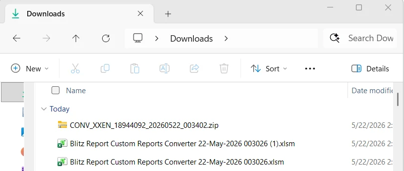 Custom Reports Converter downloaded zip and result files