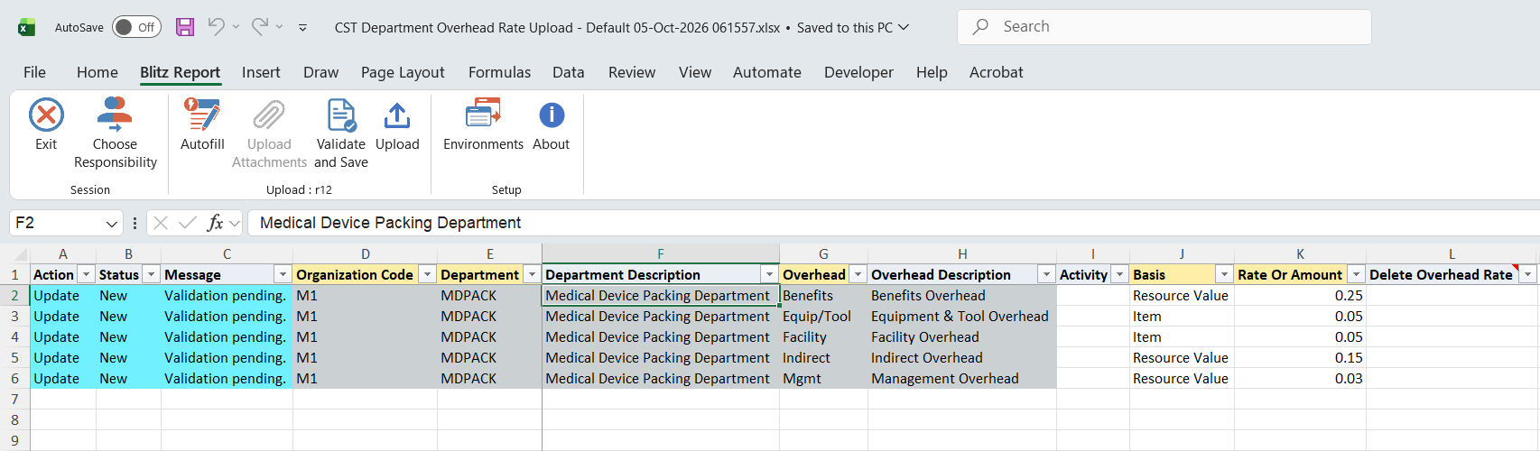 Excel file with the five department overhead rates of department MDPACK in cost type Pending, marked for upload