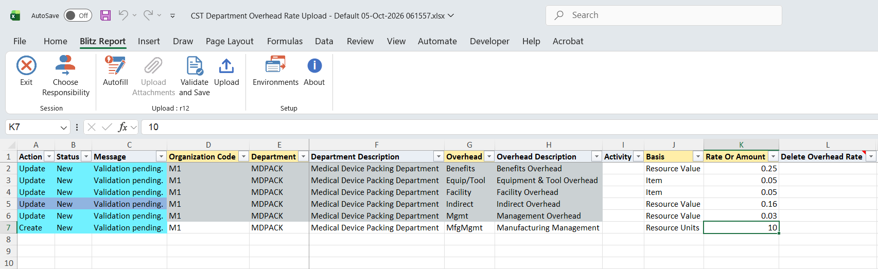 Excel file with the Indirect overhead rate changed to 0.16 and a new MfgMgmt overhead with basis Resource Units and amount 10 added, marked Create