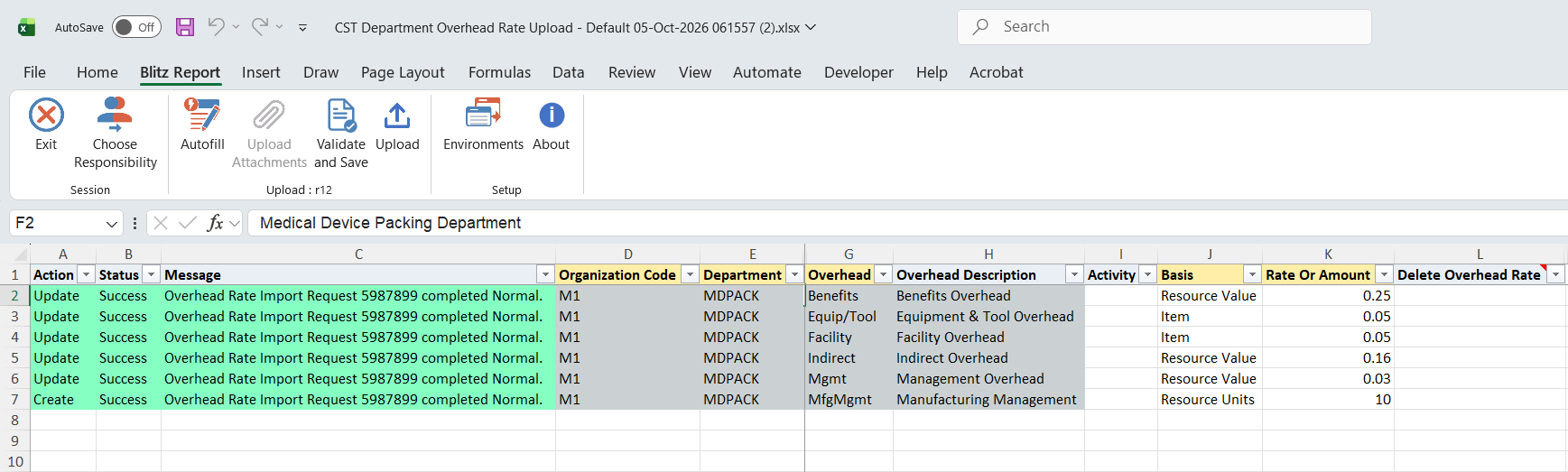Result report showing all rates with status Success and the Cost Import Process request number