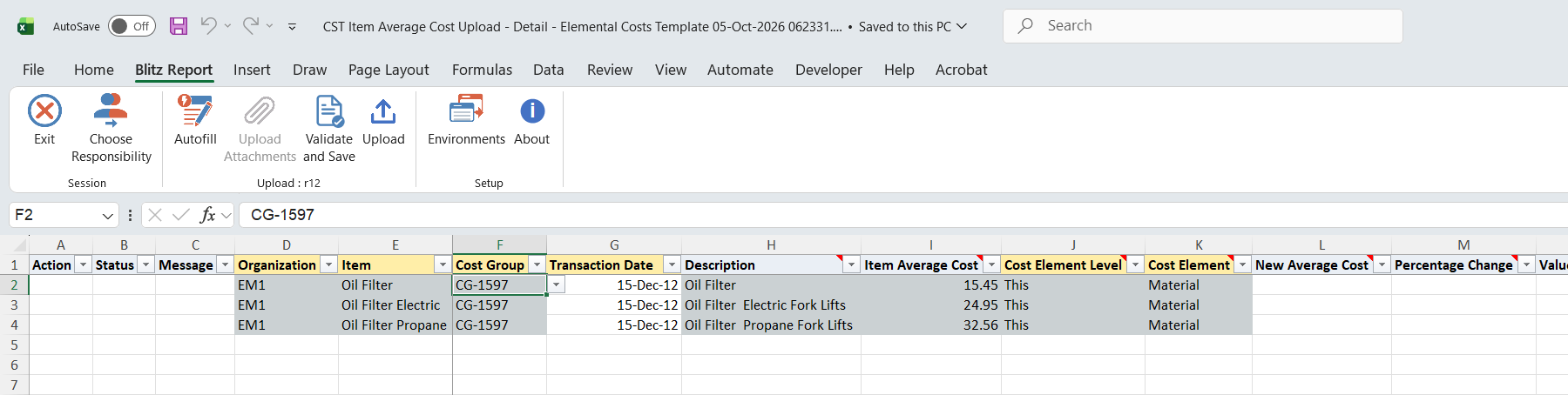 Excel file with the Material cost element of three oil filter items in EM1, showing their current average cost, valued quantity and valuation