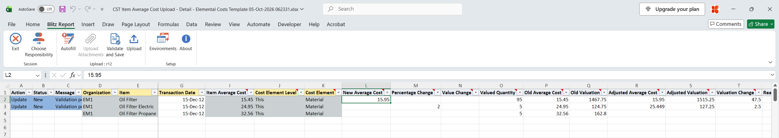 Excel file with a New Average Cost of 15.95 on Oil Filter and a Percentage Change of 2 on Oil Filter Electric, both marked Update, with the adjusted cost and valuation calculated