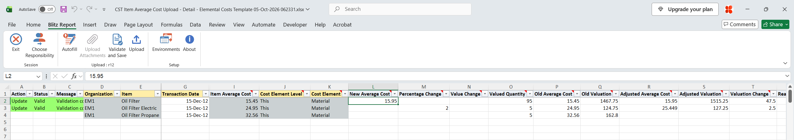 Both changed rows show status Valid after Validate and Save