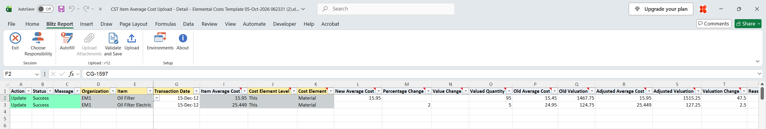 Result report showing both cost updates with status Success