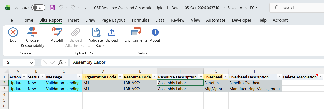 Excel file with the Benefits and MfgMgmt overheads associated with resource LBR-ASSY in cost type Pending, marked for upload