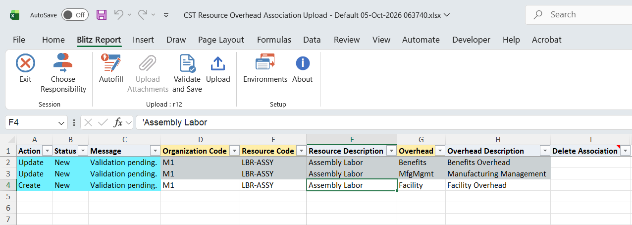 Excel file with a new association of overhead Facility to resource LBR-ASSY added, marked Create