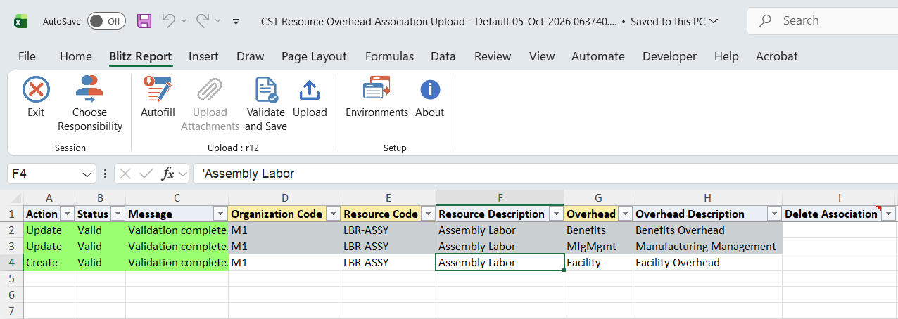 All rows show status Valid after Validate and Save