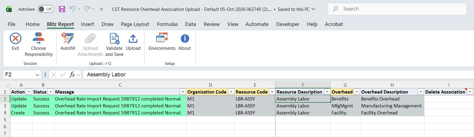 Result report showing all associations with status Success and the Cost Import Process request number