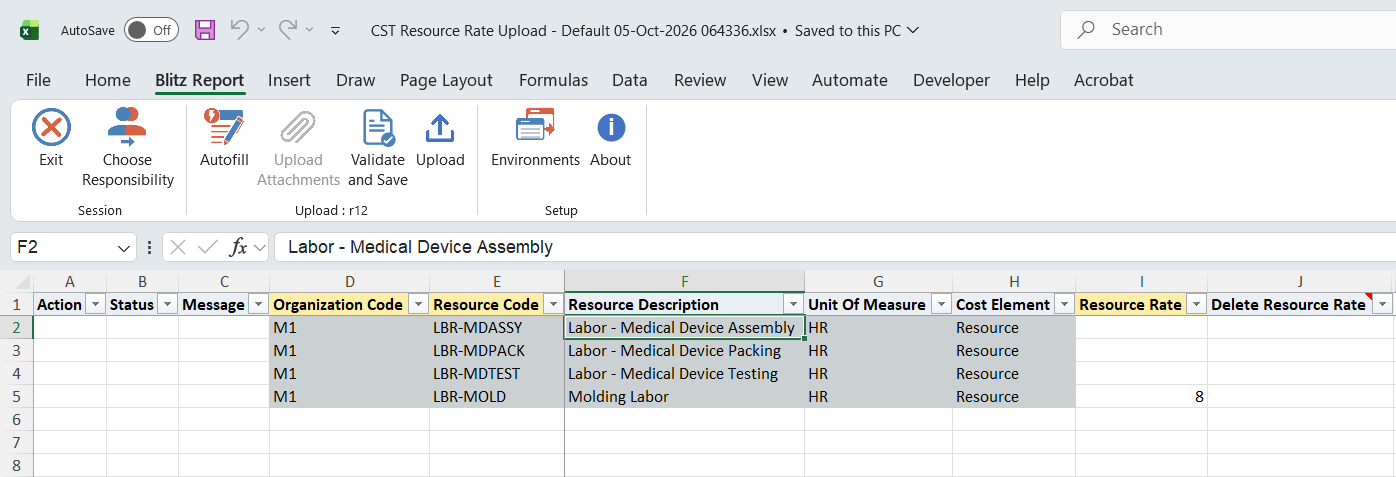 Excel file with four M1 labor resources of cost type Pending, three of them without a rate