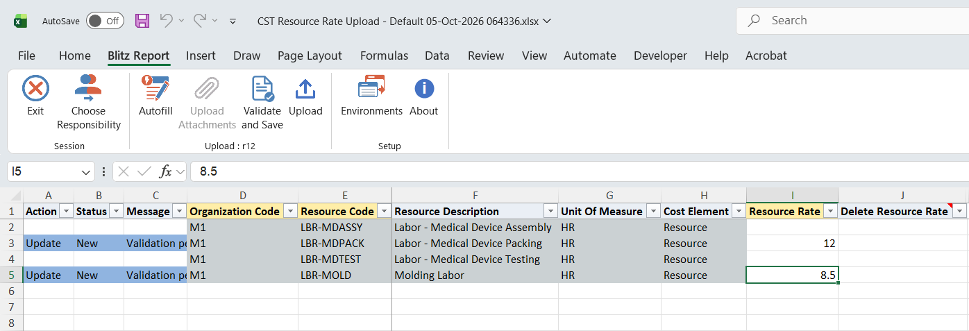 Excel file with a new rate of 12 entered for LBR-MDPACK and the LBR-MOLD rate changed to 8.5, both marked Update