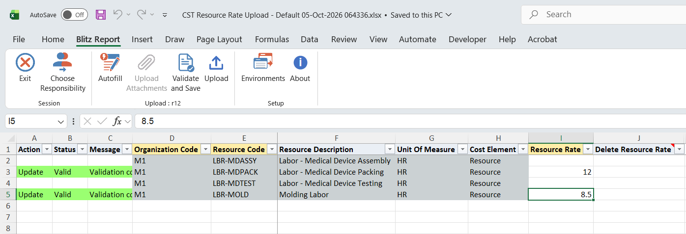 The two changed rows show status Valid after Validate and Save