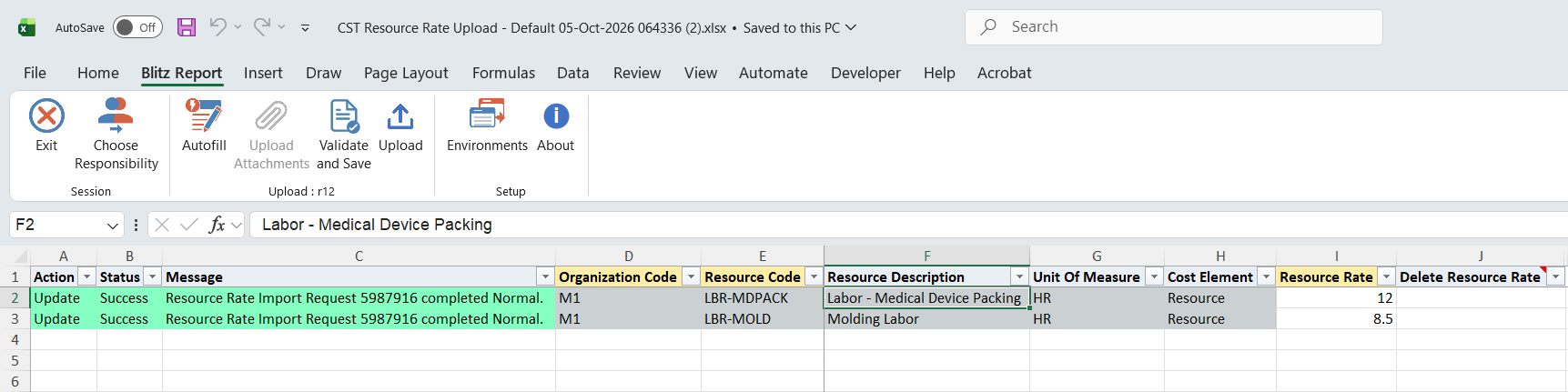 Result report showing both rates with status Success and the Cost Import Process request number