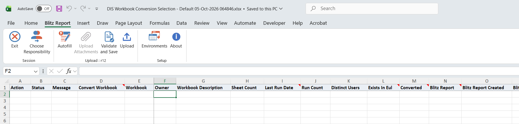 Excel file with the Convert Workbook column and the workbook information columns, shown before any workbook exports were uploaded