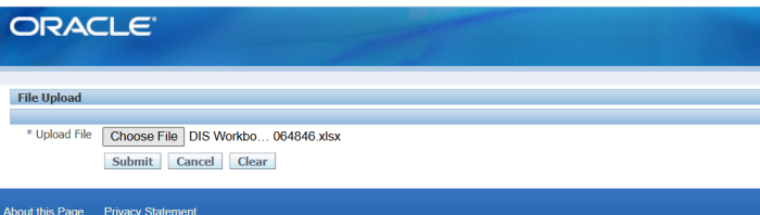 File Upload page with the saved Excel file selected for upload
