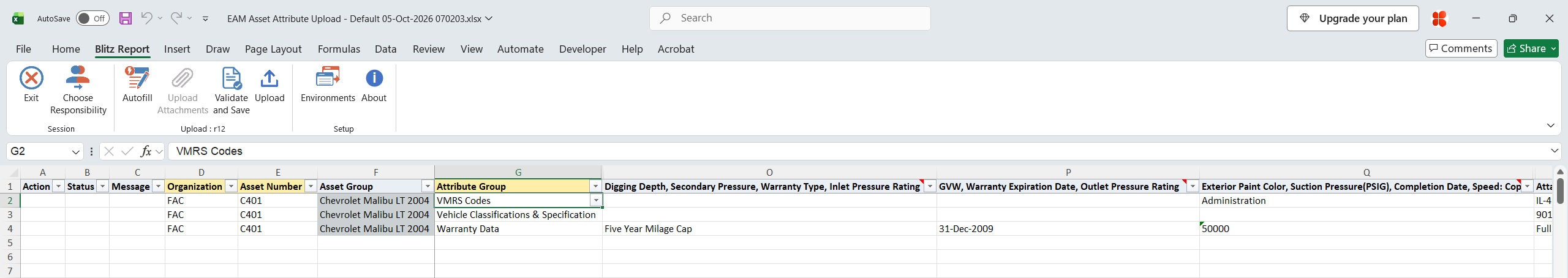 Excel file with the VMRS Codes, Vehicle Classifications and Warranty Data attribute groups of asset number C401, one row per attribute group