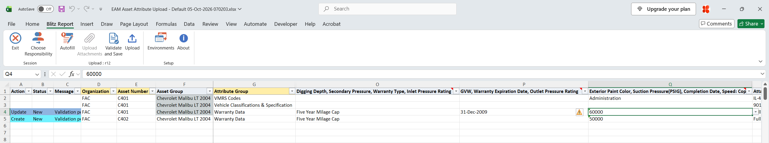 Excel file with the Warranty Data mileage limit of C401 changed to 60000, marked Update, and new Warranty Data values for asset number C402 added, marked Create