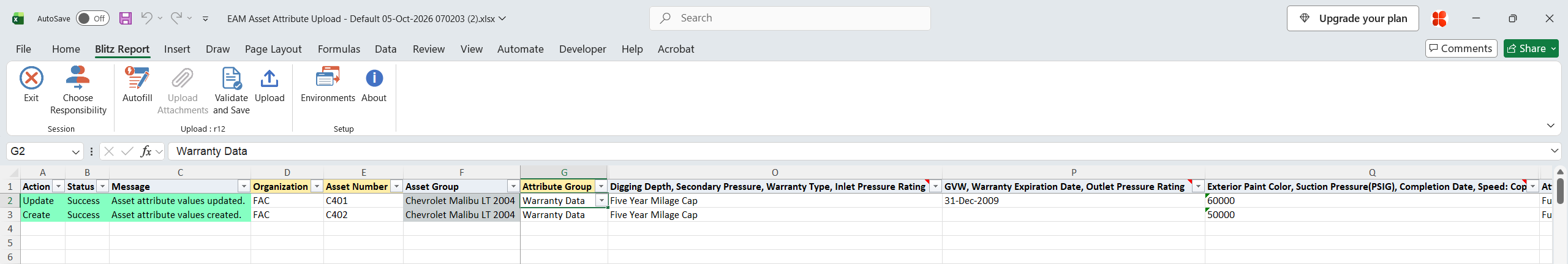 Result report showing the updated C401 and the created C402 Warranty Data values with status Success