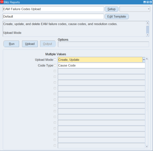 Blitz Report run screen for EAM Failure Codes Upload with Upload Mode Create, Update and Code Type Cause Code