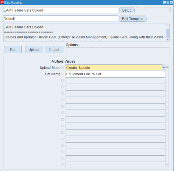 Blitz Report run screen for EAM Failure Sets Upload with Upload Mode Create, Update and Set Name Equipment Failure Set