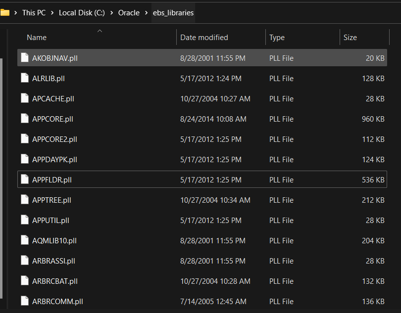 Windows Explorer showing EBS AU_TOP PLL libraries such as APPCORE.pll copied into the FORMS_PATH directory