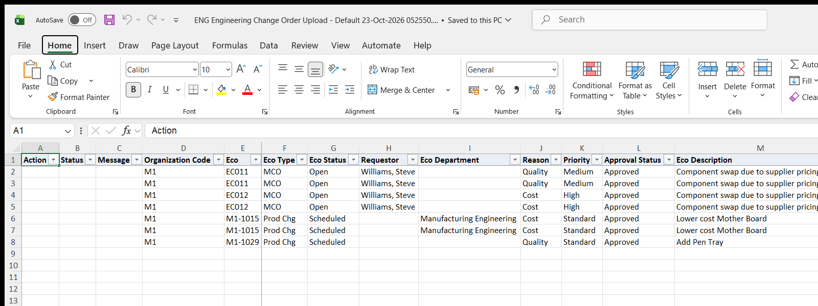 ENG Engineering Change Order Upload downloaded Excel file