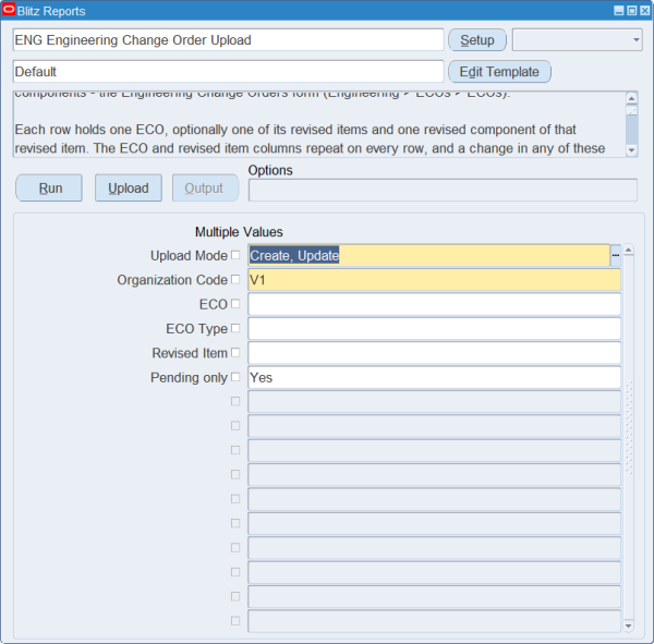 ENG Engineering Change Order Upload run screen