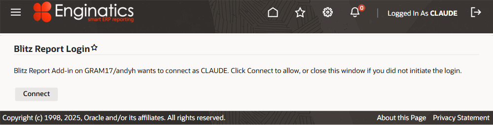 Blitz Report Excel Add-in browser login Connect page