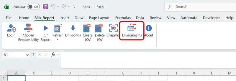 Environments button in the Blitz Report Excel Add-in ribbon