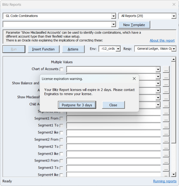 Blitz Report Excel Add-in run screen with the license expiration warning dialog