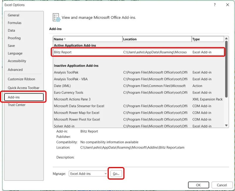 Blitz Report add-in active in Excel Options