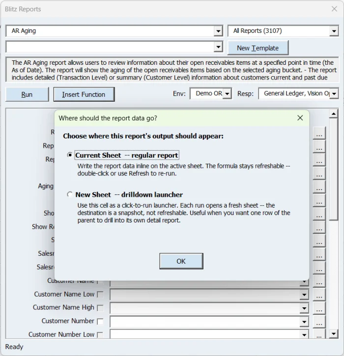 Blitz Report Excel Add-in output mode