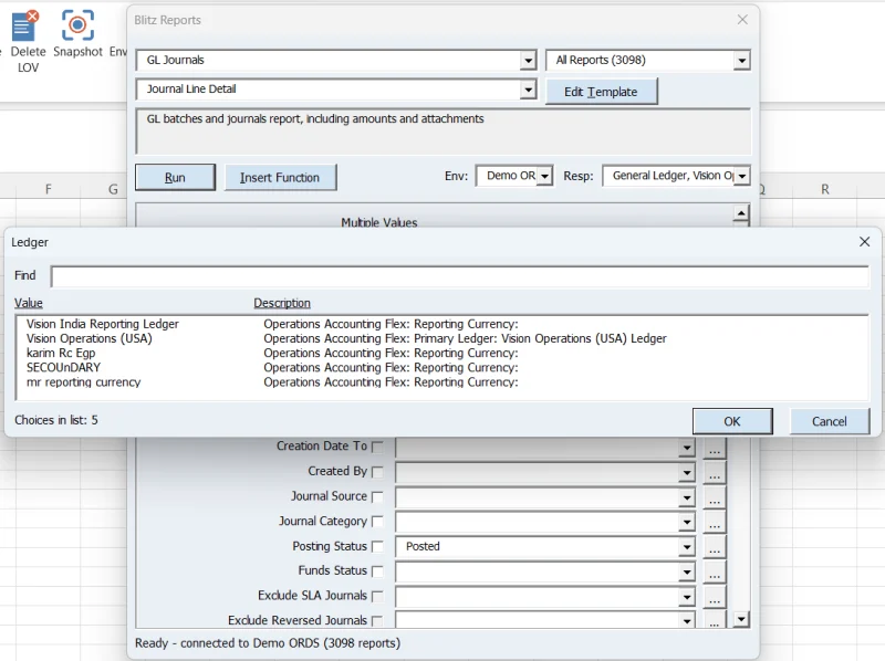 Blitz Report Excel Add-in parameter list of values