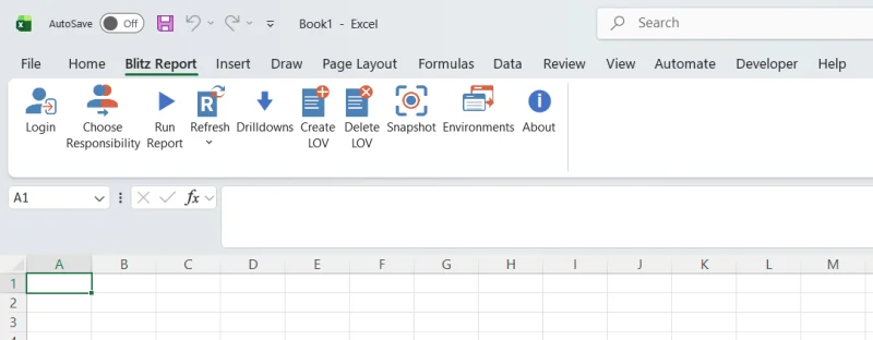Blitz Report Excel Add-in ribbon before login