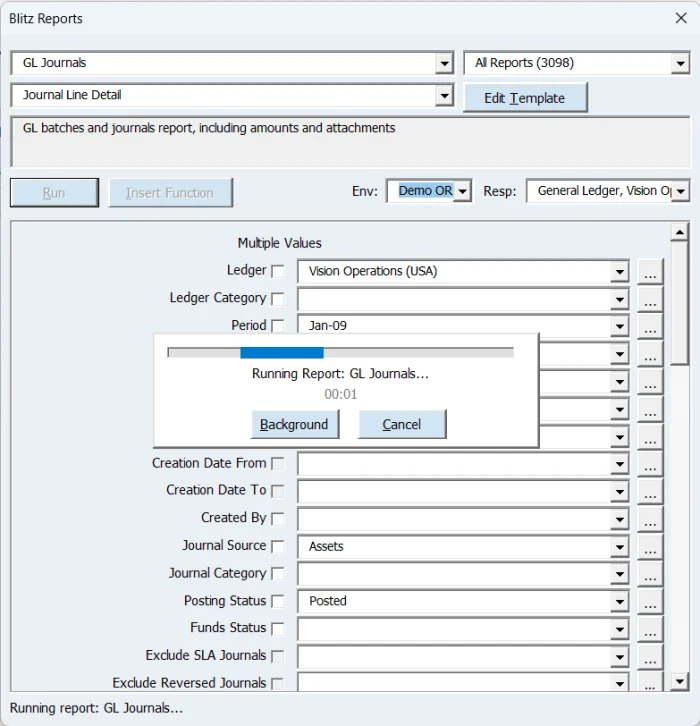 Blitz Report Excel Add-in run progress