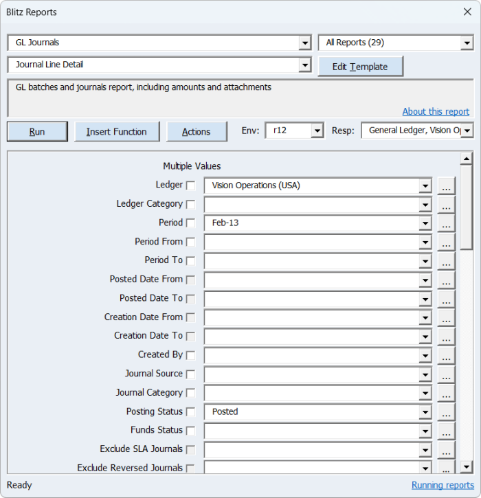 Blitz Report Excel Add-in run screen