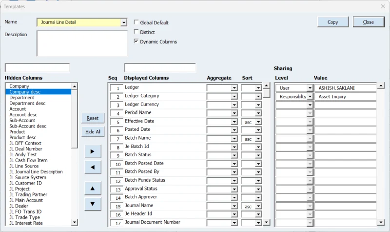 Blitz Report Excel Add-in template editor with displayed columns
