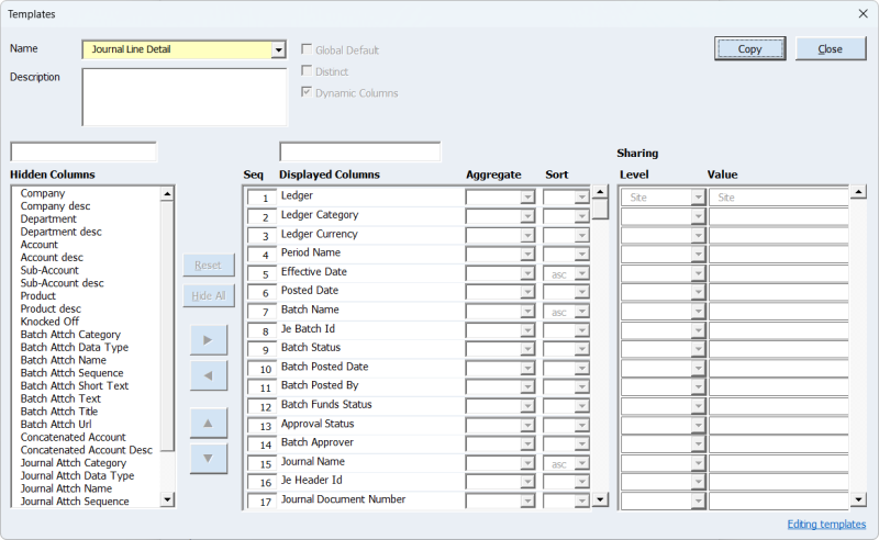 Blitz Report Excel Add-in template editor with displayed columns