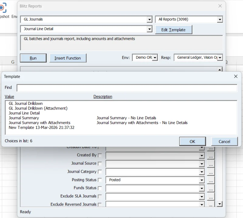 Blitz Report Excel Add-in template selection