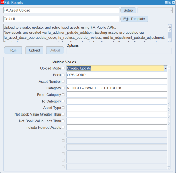 Blitz Report run screen for FA Asset Upload with Upload Mode Create, Update, Book OPS CORP and Category VEHICLE-OWNED LIGHT TRUCK