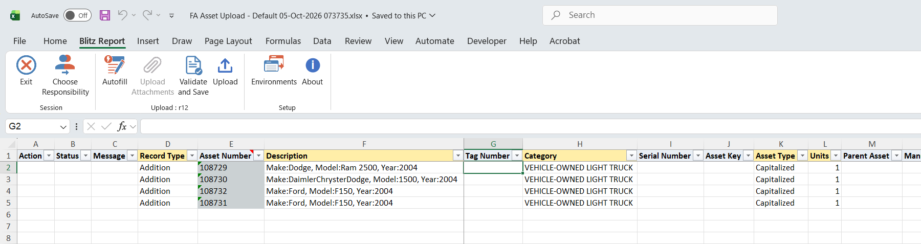 Excel file with the four light truck assets of book OPS CORP