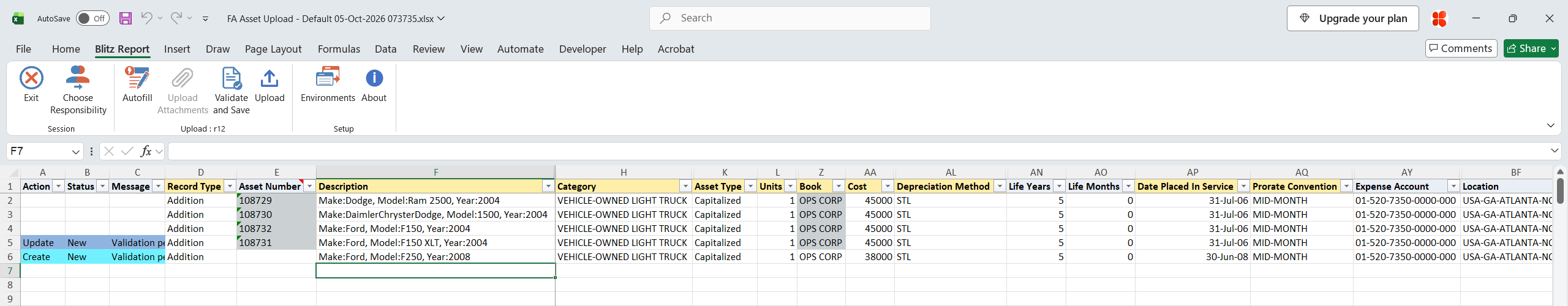 Excel file with the description of asset 108731 changed, marked Update, and a new light truck added with defaulted method, life and date placed in service, marked Create