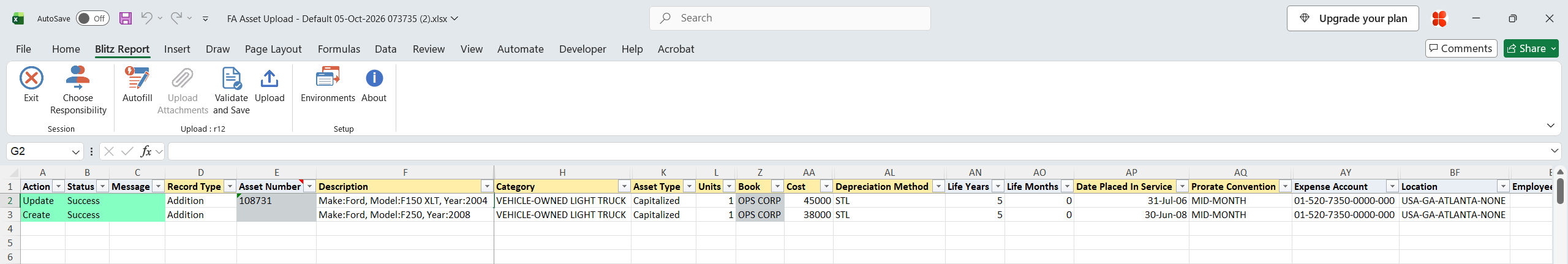 Result report showing the updated asset 108731 and the created asset with status Success