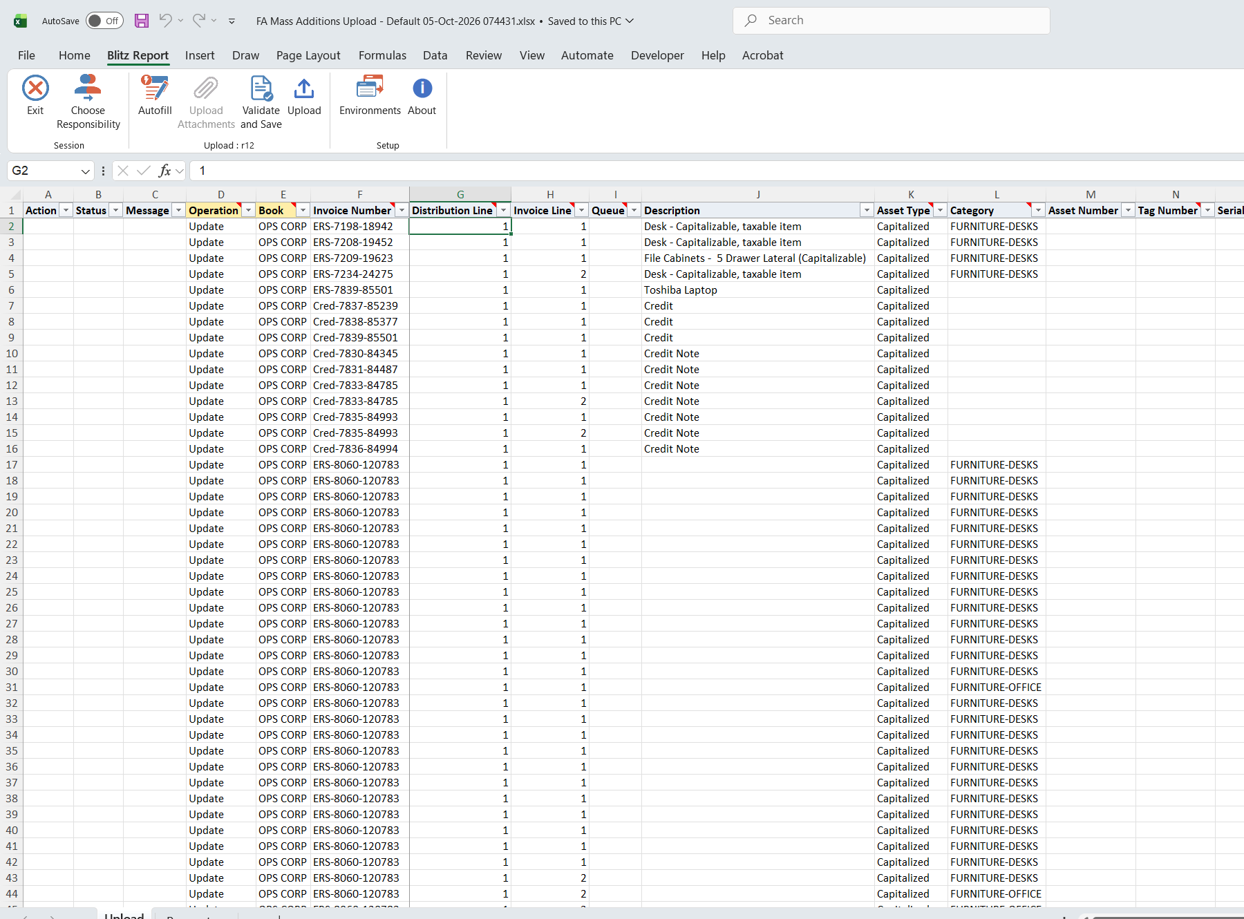 Excel file with the mass addition queue lines of book OPS CORP, each with Operation Update