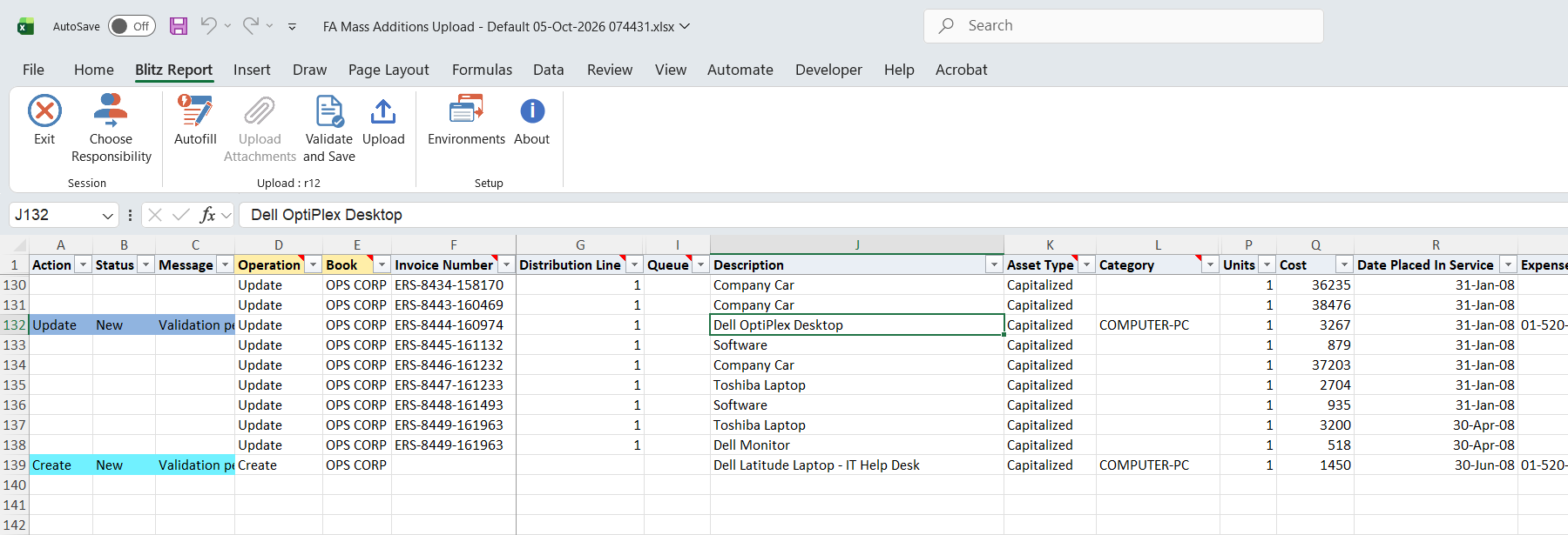 Excel file with the description, category, expense account and location of invoice line ERS-8444-160974 changed, marked Update, and a new laptop line added, marked Create