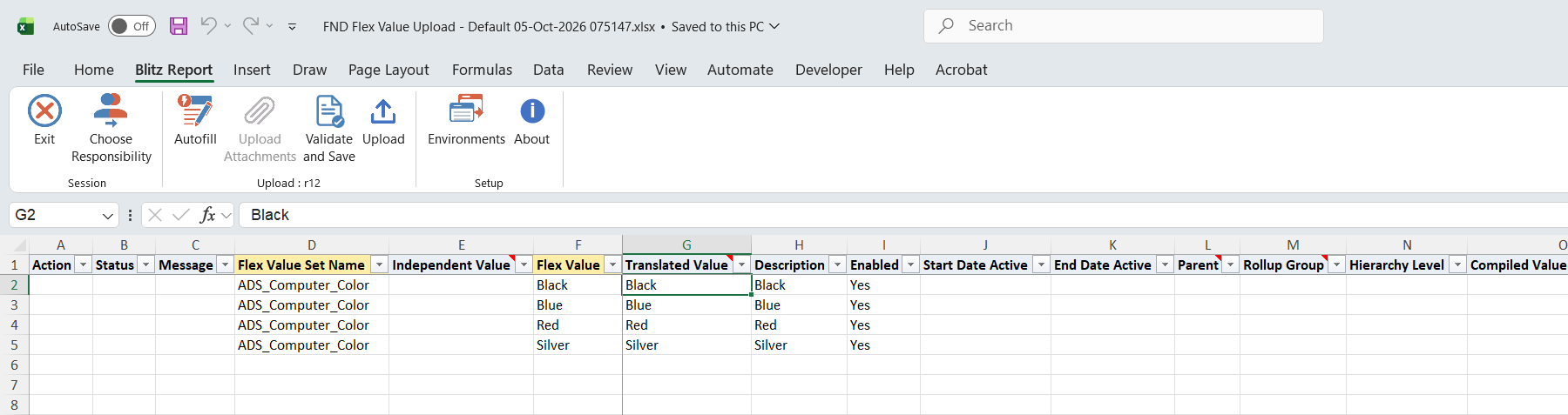 Excel file with the four existing values of value set ADS_Computer_Color