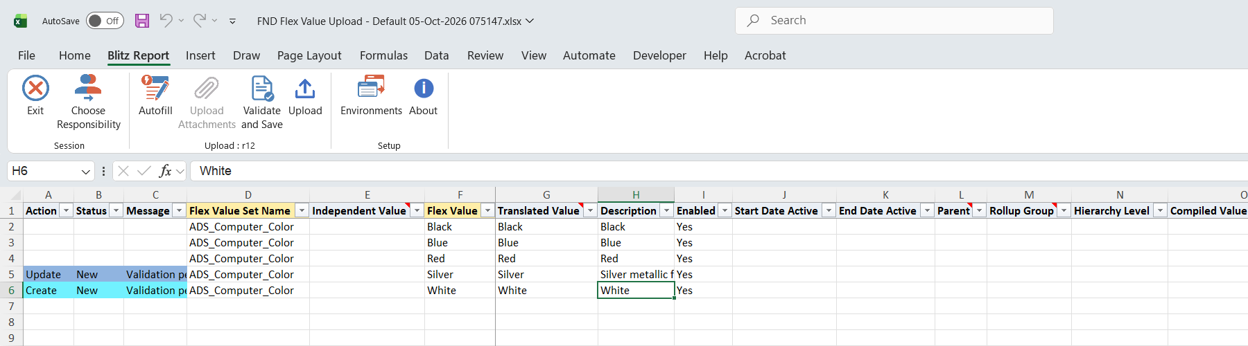 Excel file with the description of value Silver changed, marked Update, and a new value White added, marked Create