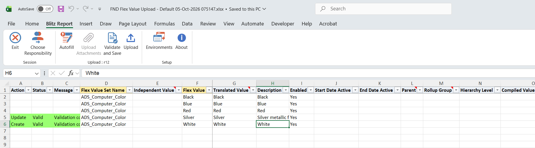 Both edited rows show status Valid after Validate and Save